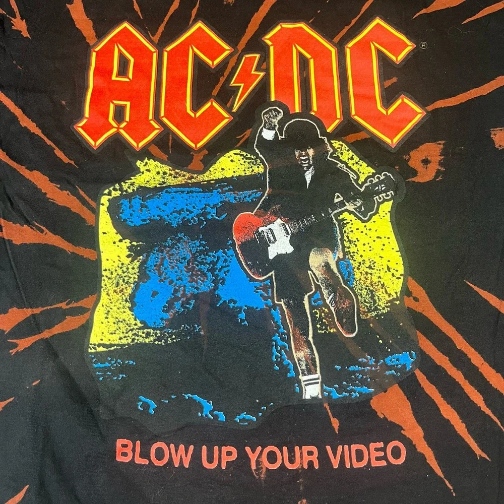 AC/DC Blow Up Your Video Angus T-Shirt Black Bleach Spray Tie‎ Dye Size Large